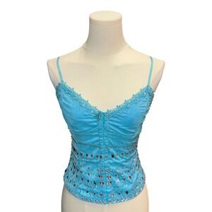 Vtg 90s Wild Cat Corset Camisole Women Small Blue Good Beaded Rhinestone Y2K